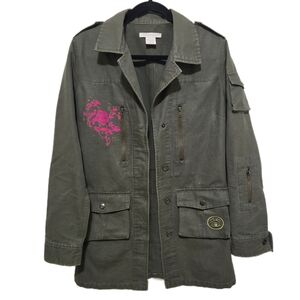 Charlotte Russe Green Utility Military Jacket Floral Print And Embroidery Large